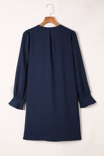 Blue Split V Neck Ruffled Sleeves Shirt Dress