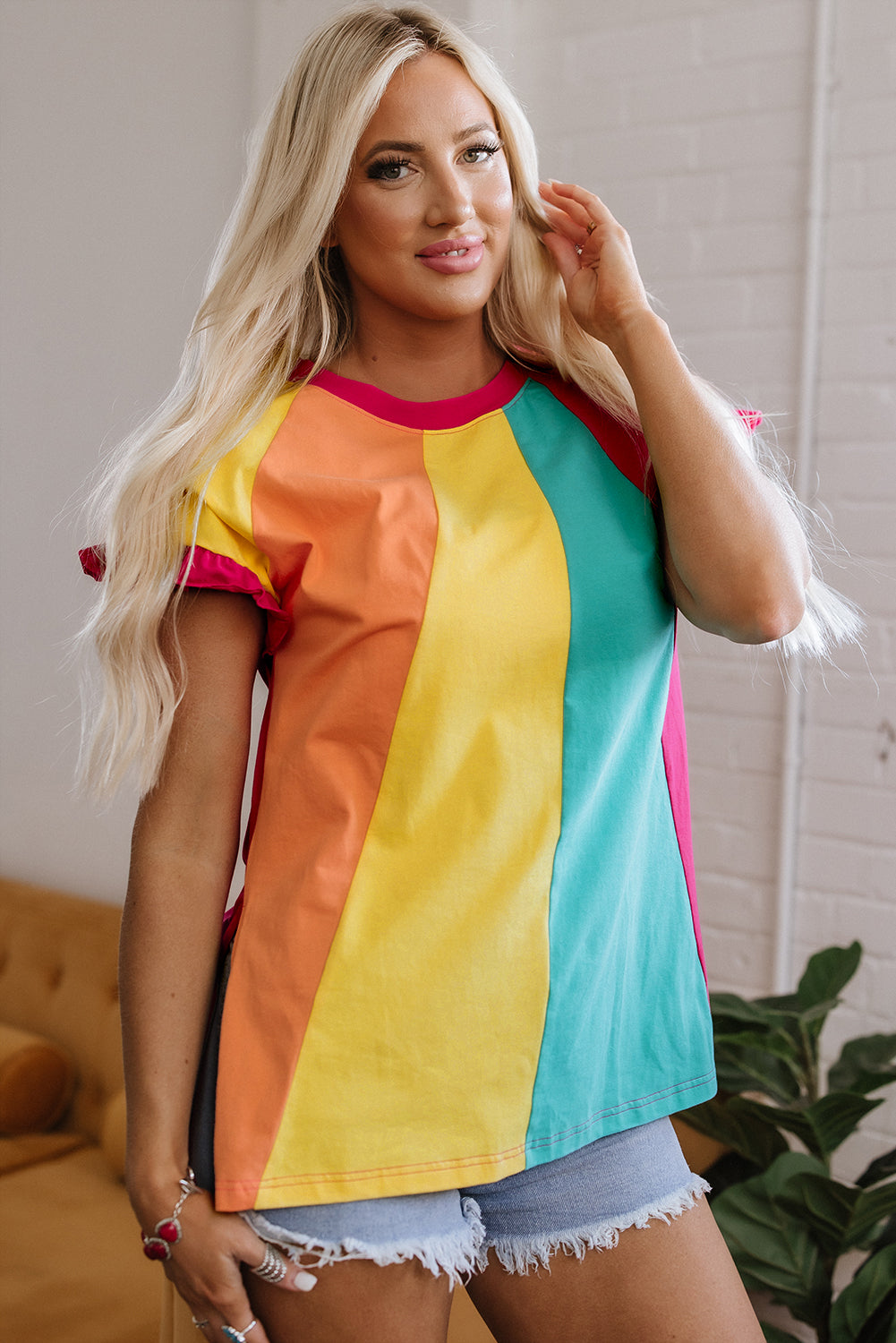 Stormi Color Block Ruffled Crew Neck Loose Fit Top