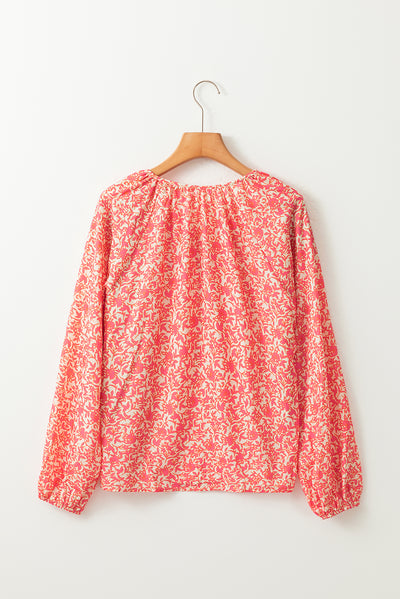 Pink Bubble Sleeve Floral Shirt with Lace up