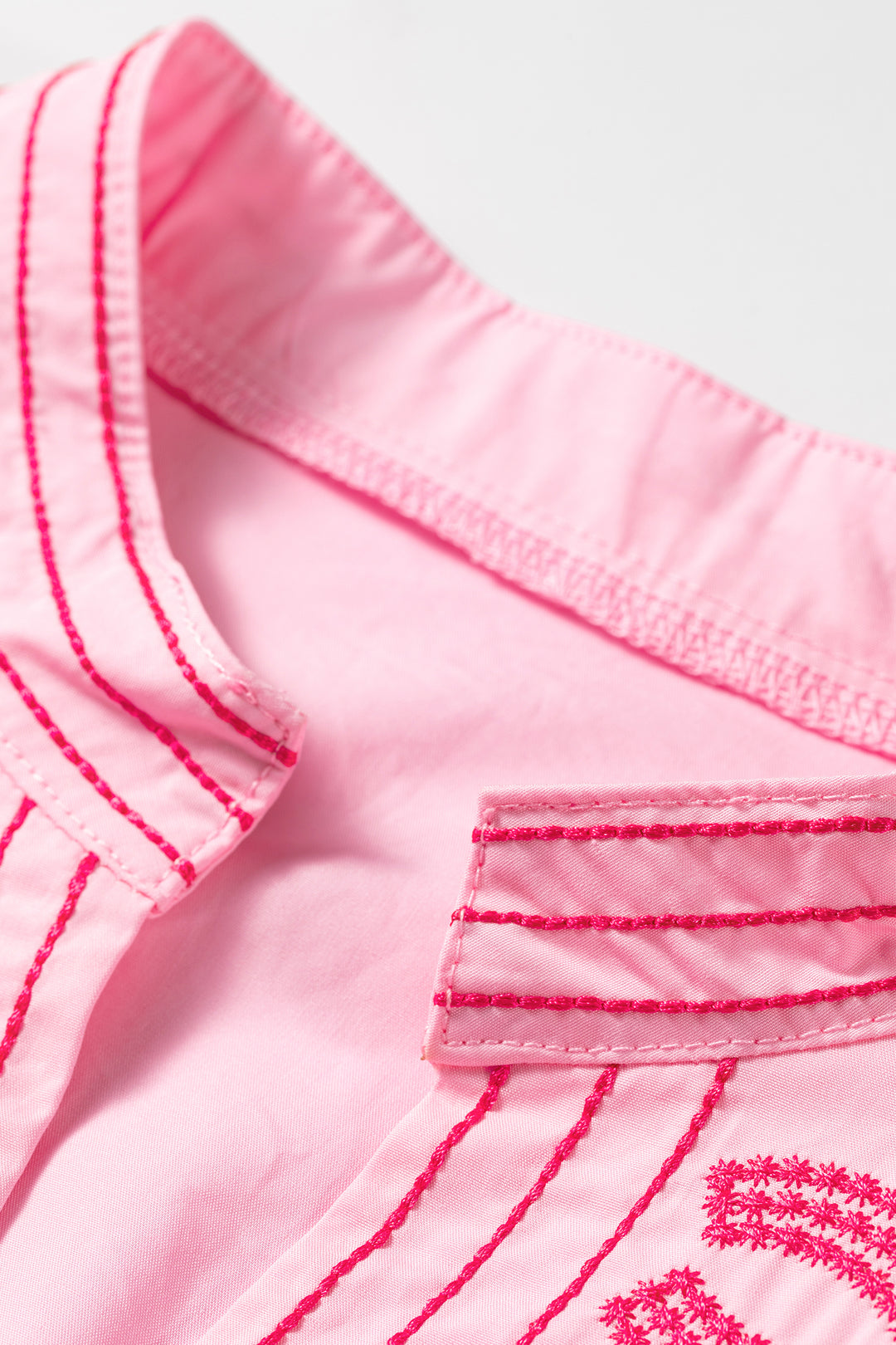 Pink Boho Embroidered Detail Puff Sleeve Cotton Blouse