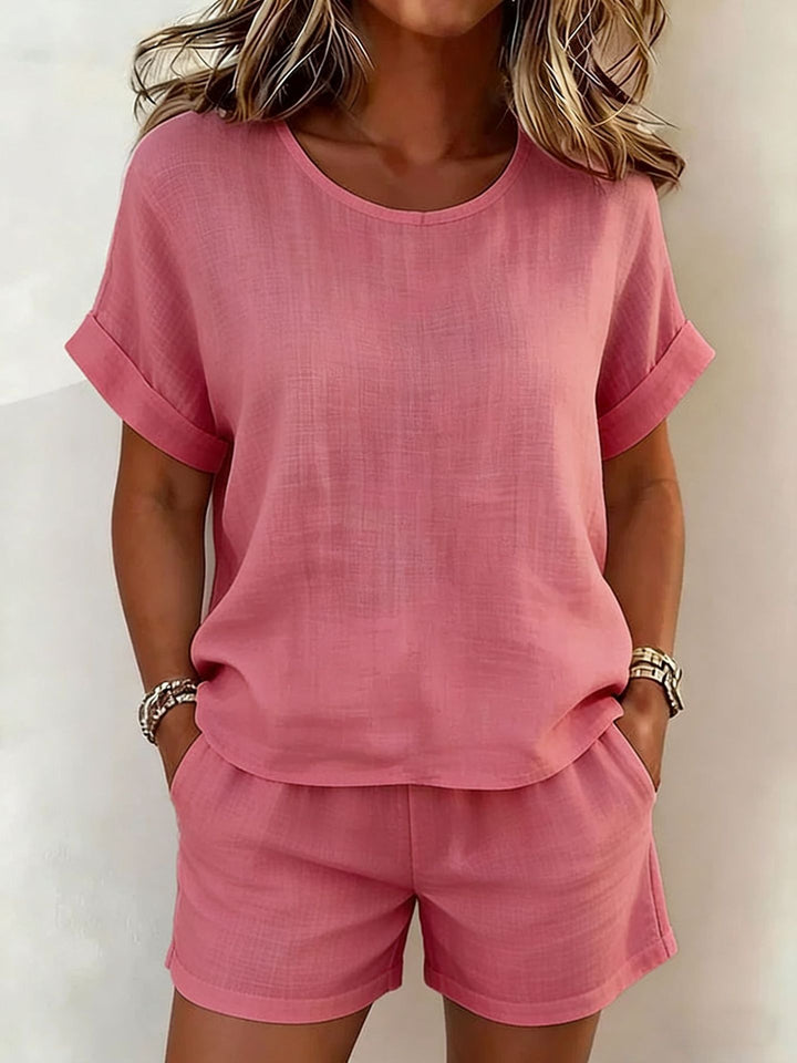 Solid-Color T-Shirt &amp; Shorts Set – Cotton Linen, 10 Colors