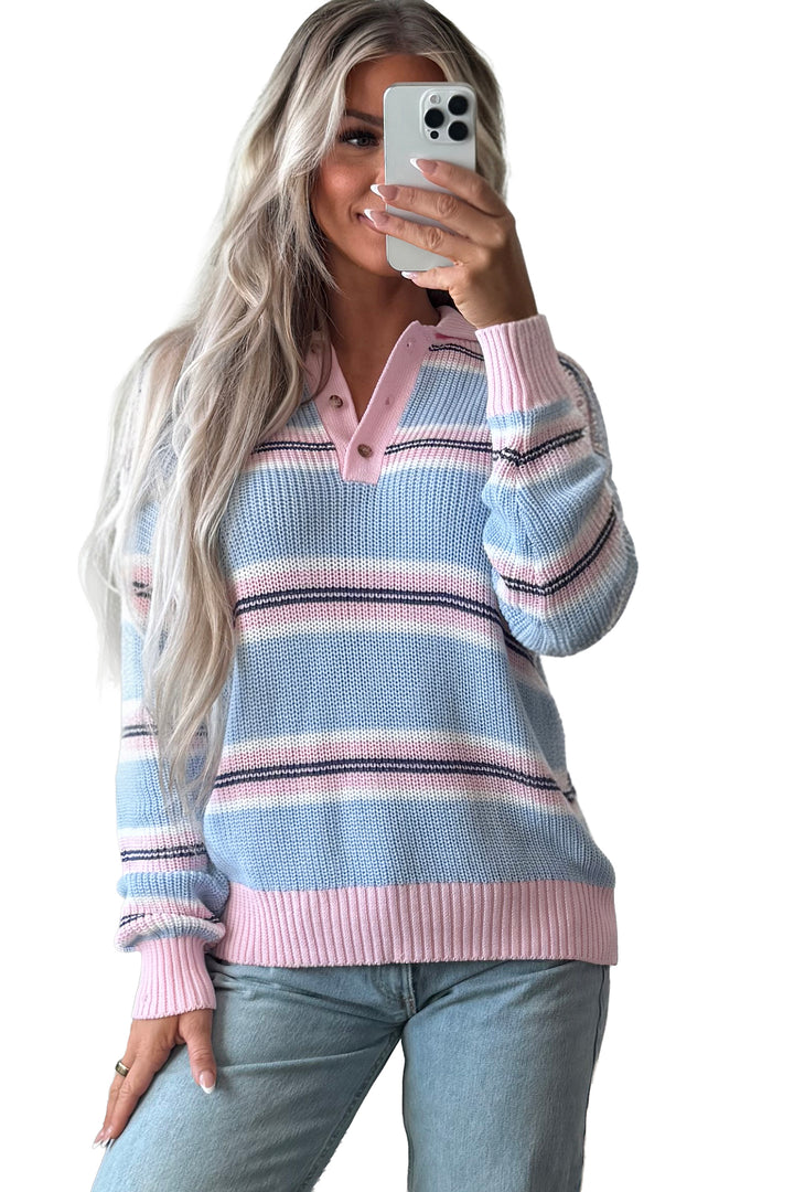 Sky Blue Stripe Striped Button Collar Long Sleeve Shift Fit Winter Knitwear Sweater