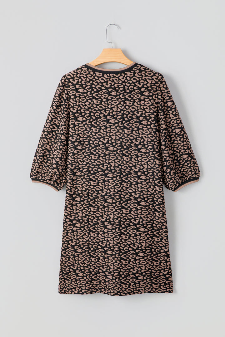 Black Leopard Print Bubble Sleeve Shift Mini Dress
