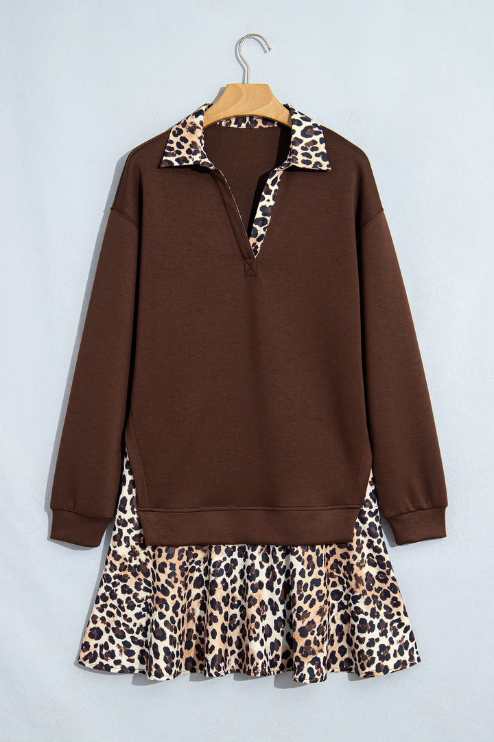 Coffee Leopard Patchwork Collar Long Sleeve Dress