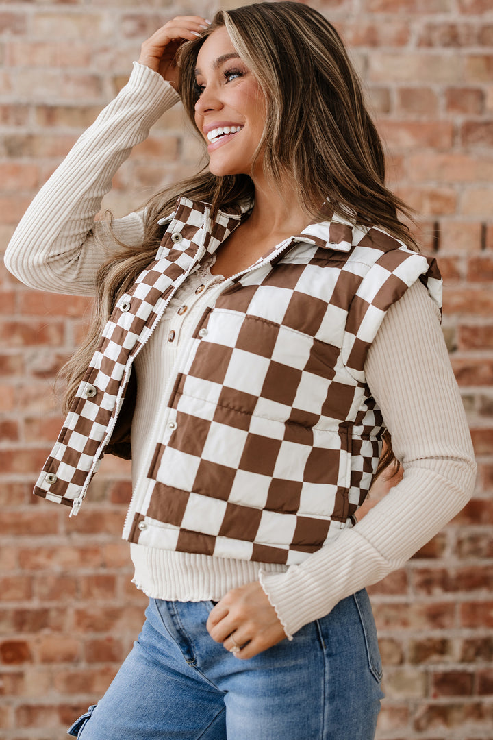 Brown Double Checked Stand Collar Cropped Puffer Vest