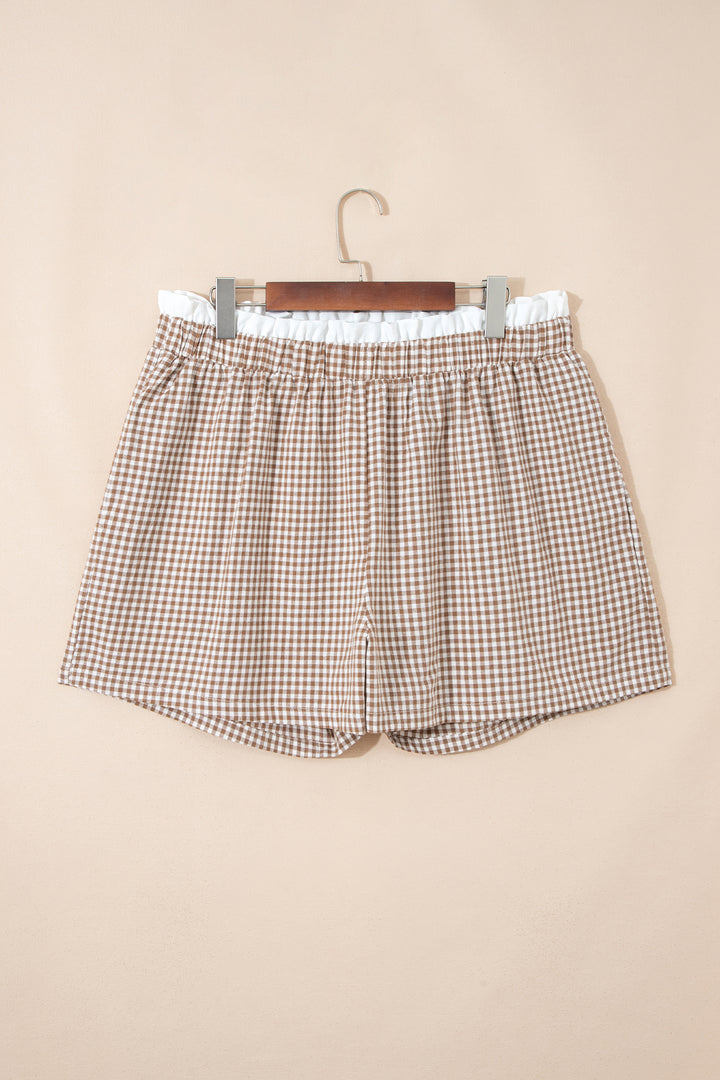 Khaki Contrast Trim Plaid Print Plus Size Shorts