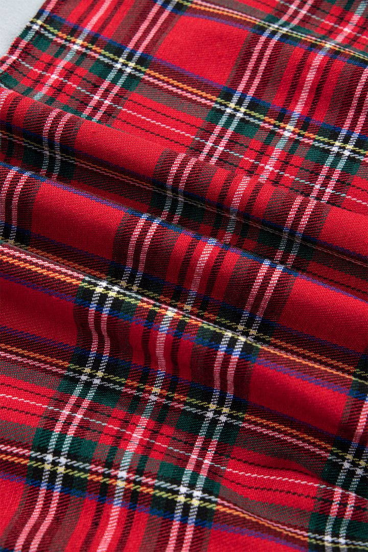 Red Plaid Knot Neck Short Sleeve Mini Shift Dress