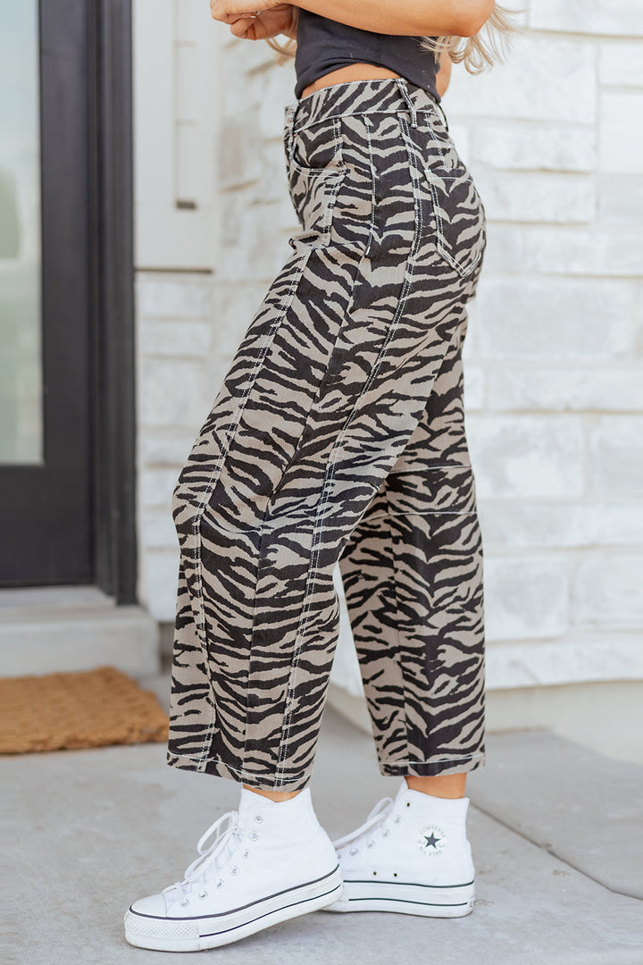 Gray Zebra Stripe Printed Wide Leg Jeans