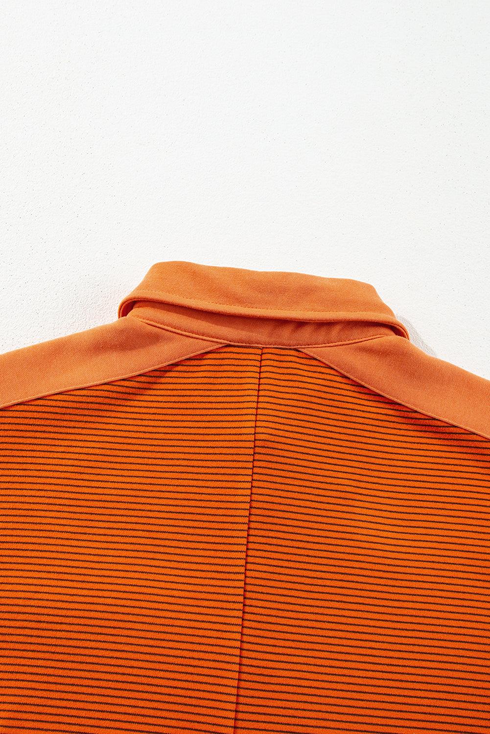 Orange Stripe Exposed Seam Henley Turn-down Neck Puff Sleeve Sweatshirt