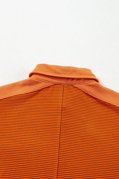 Orange Stripe Exposed Seam Henley Turn-down Neck Puff Sleeve Sweatshirt