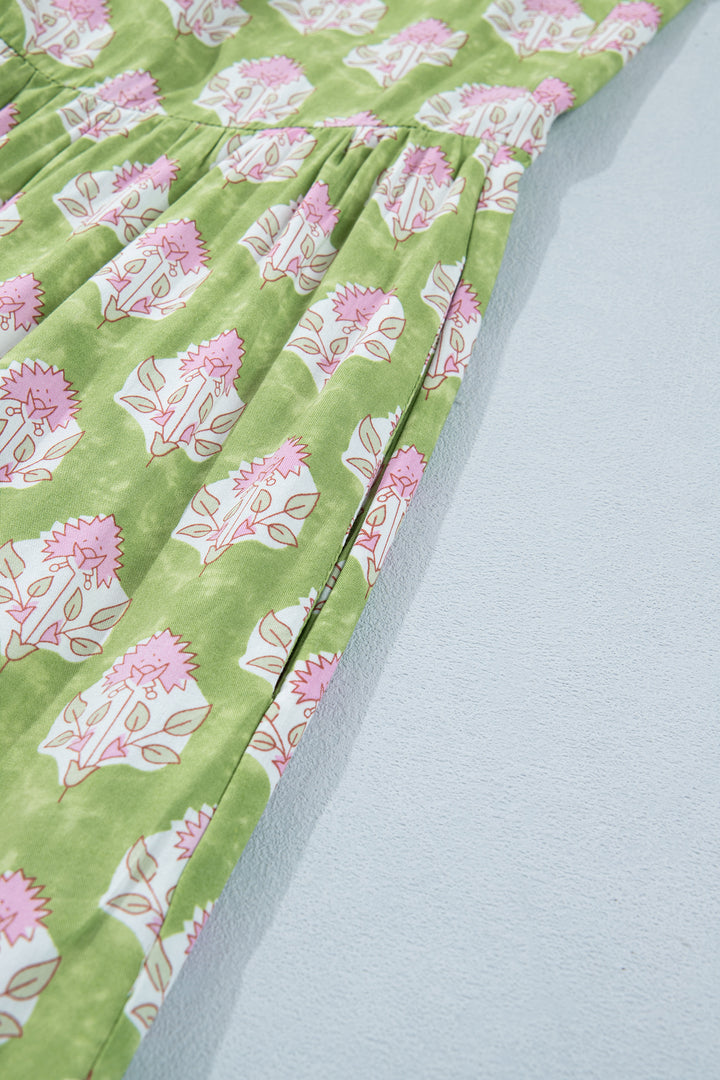 Green Floral Print Striped Detail Knot Straps Maxi Dress