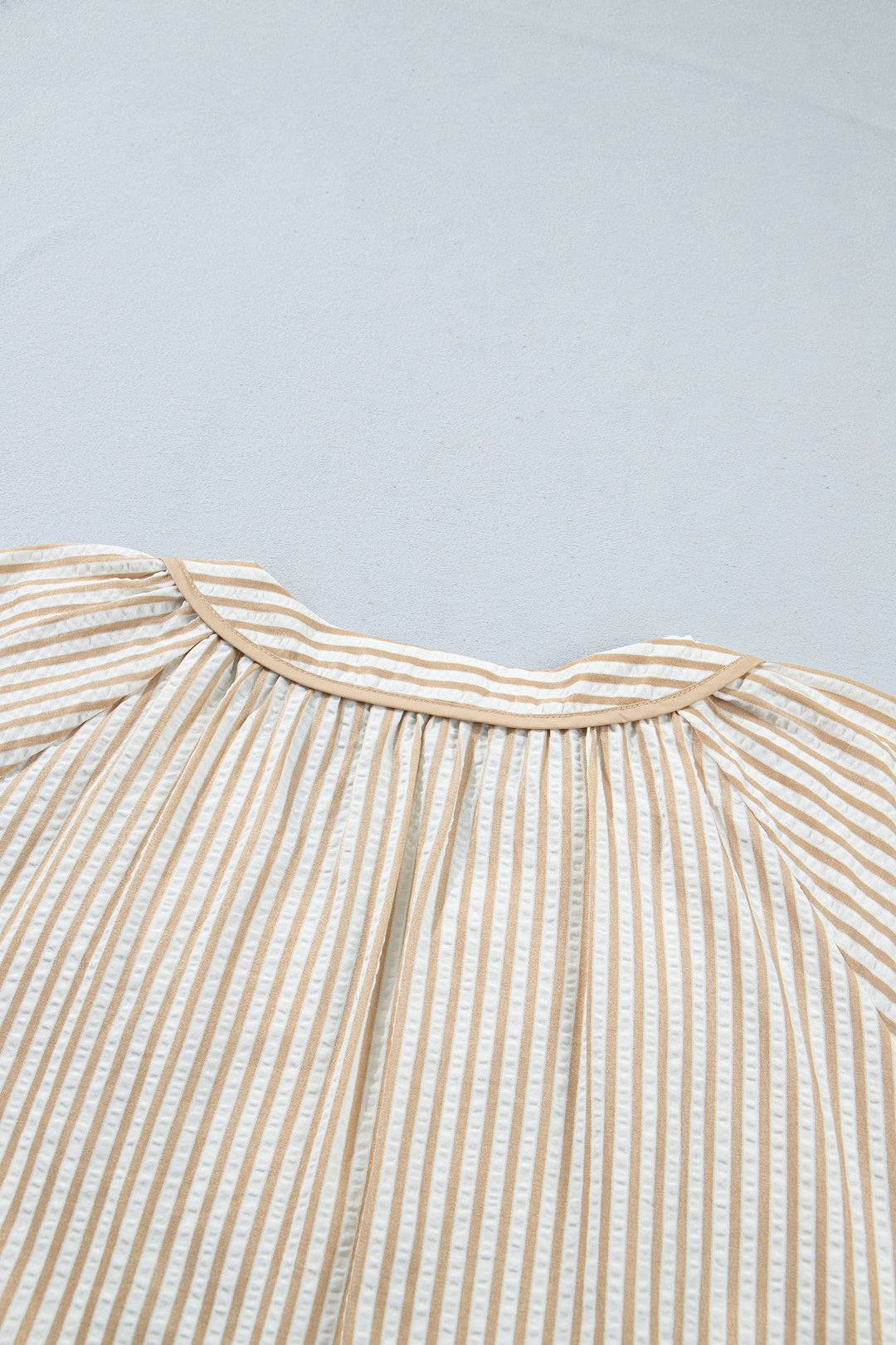 Khaki Stripe V Neck Floral Embroidered Long Sleeve Blouse