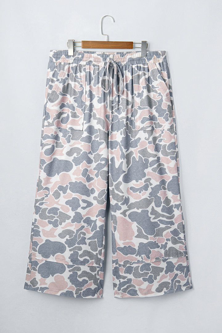 Khaki Camouflage Print Patch Pockets Ankle-Length Plus Size Pants