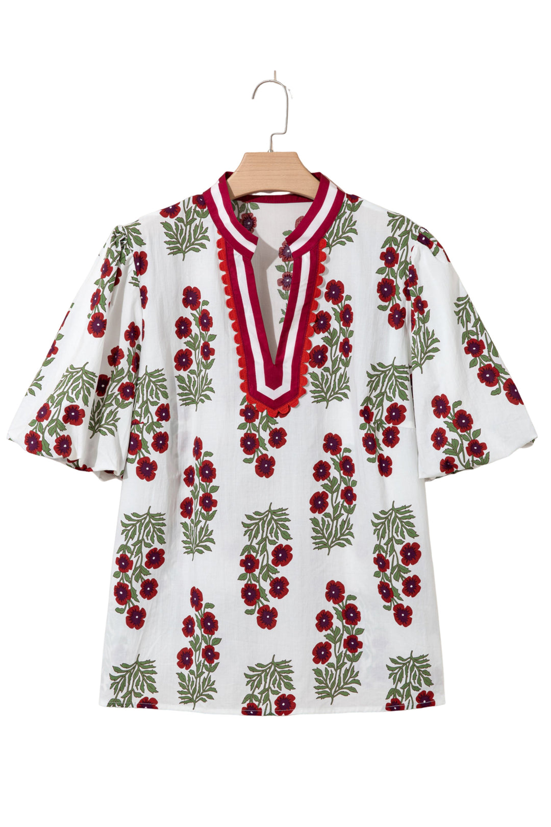 Black Plus Size Floral Print Ricrac Striped Trim Short Sleeve Cotton Blouse