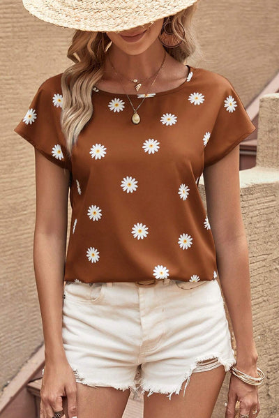 Chestnut Daisy Print Short Sleeve Top