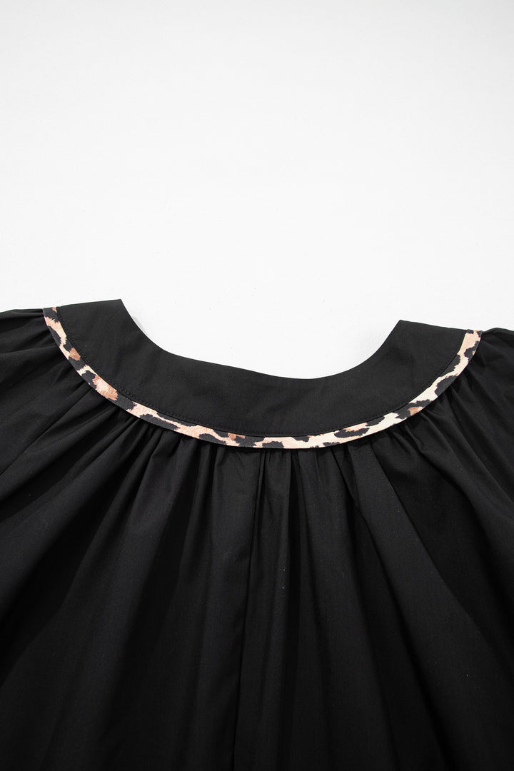 Black Plus Size Split Neck Leopard Trim Flounced Long Sleeve Blouse