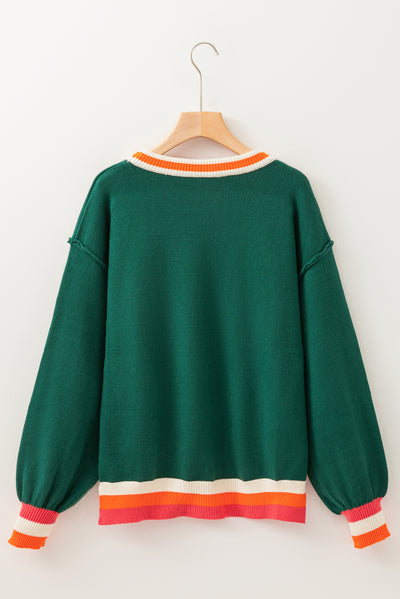 Blackish Green Shimmer Santa Clause Graphic Striped Trim Crew Neck Sweater