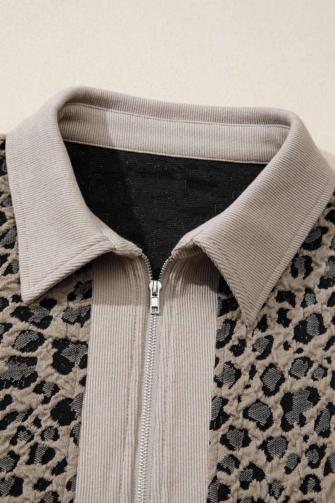 Beige Zip up Collared Leopard Cap Sleeve Top