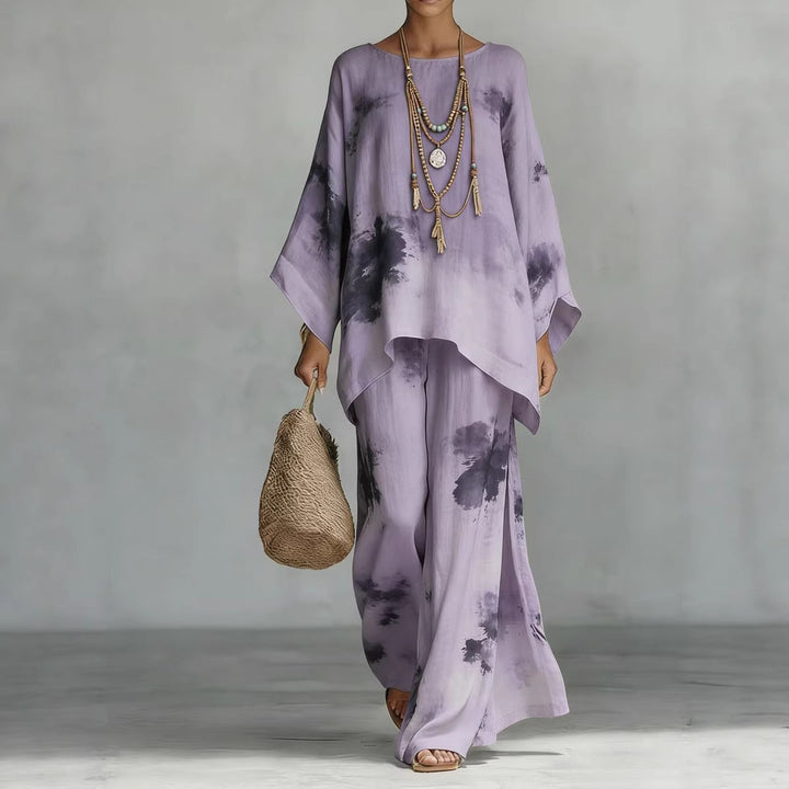 Floral Print Bamboo Linen Two-Piece Set | Wide-Leg Pants