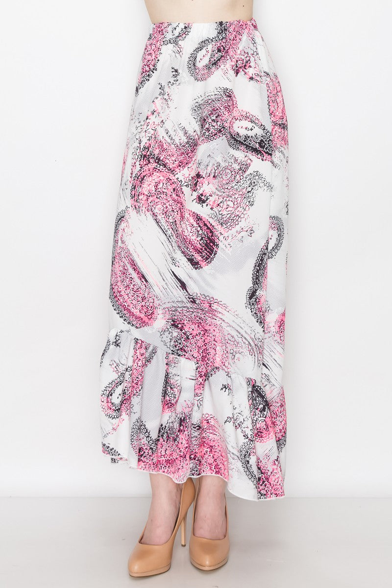 Flared Bottom Paisley Print Long Skirt - Pink