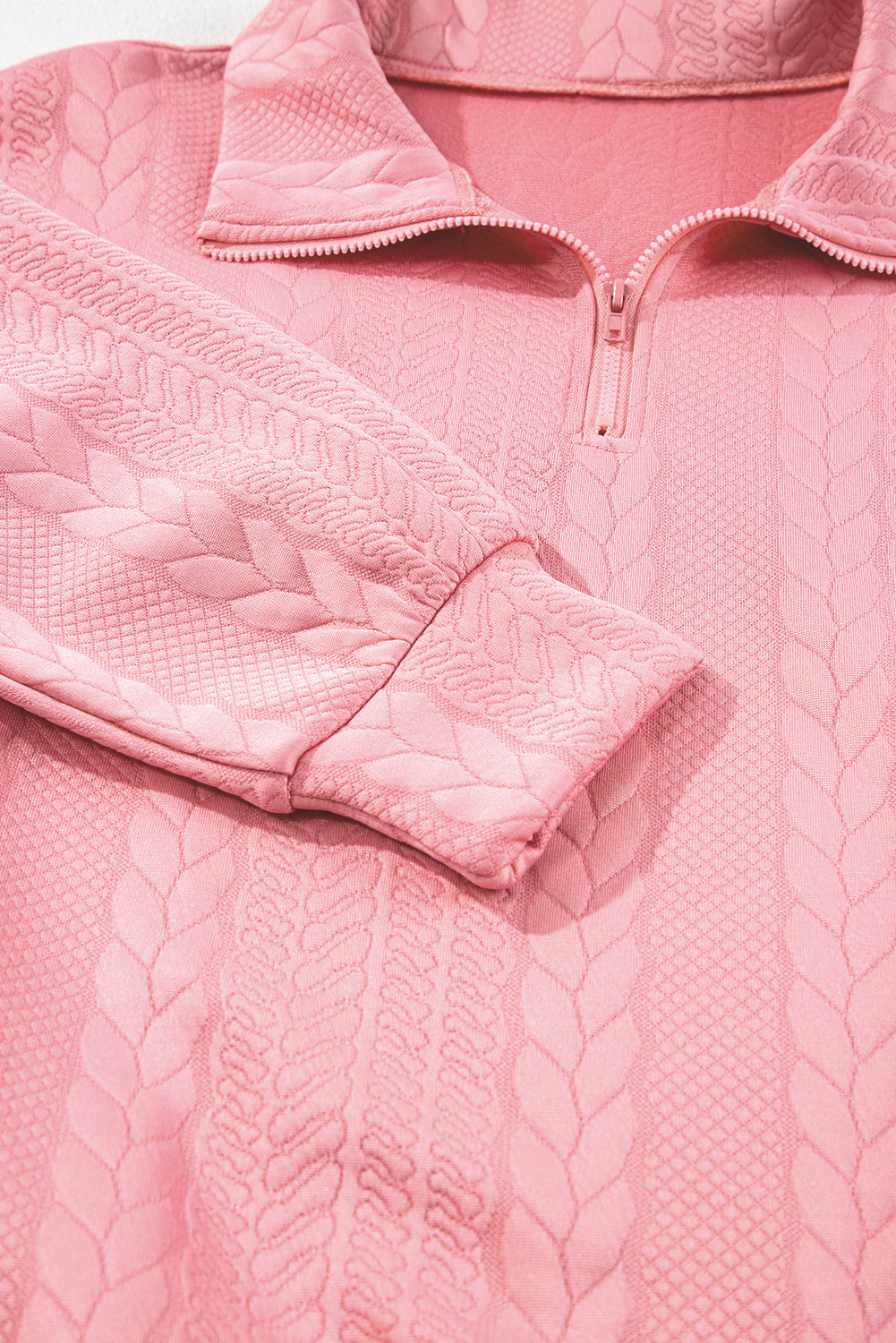 Peach Blossom Zip up Cable Textured Sweatshirt