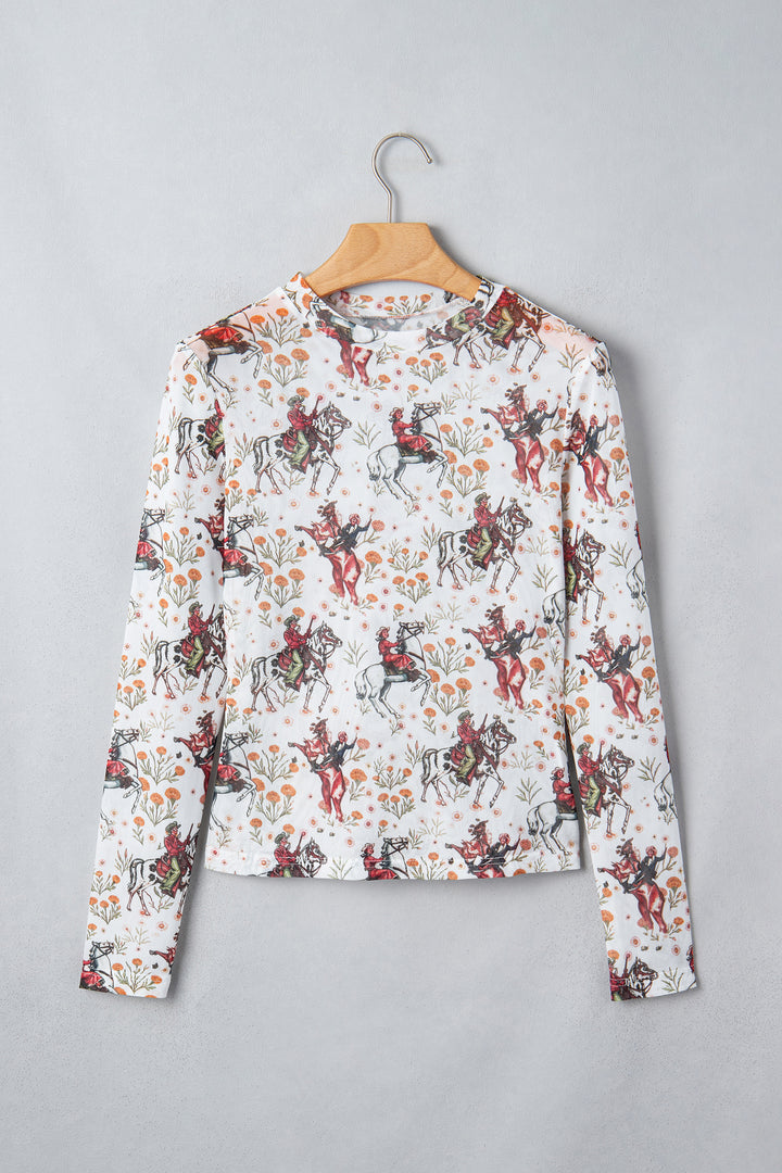 Beige Western Cowboy Floral Print Sheer Mesh Long Sleeve Top