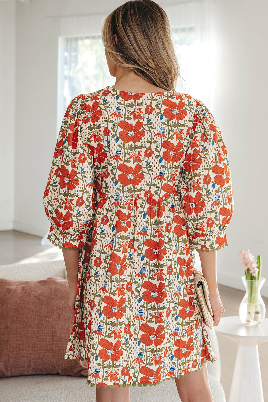 Red Floral Print Ricrac Trim V Neck 3/4 Sleeve Loose Mini Dress