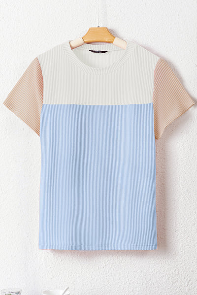 Light Blue Rib Textured Colorblock T Shirt