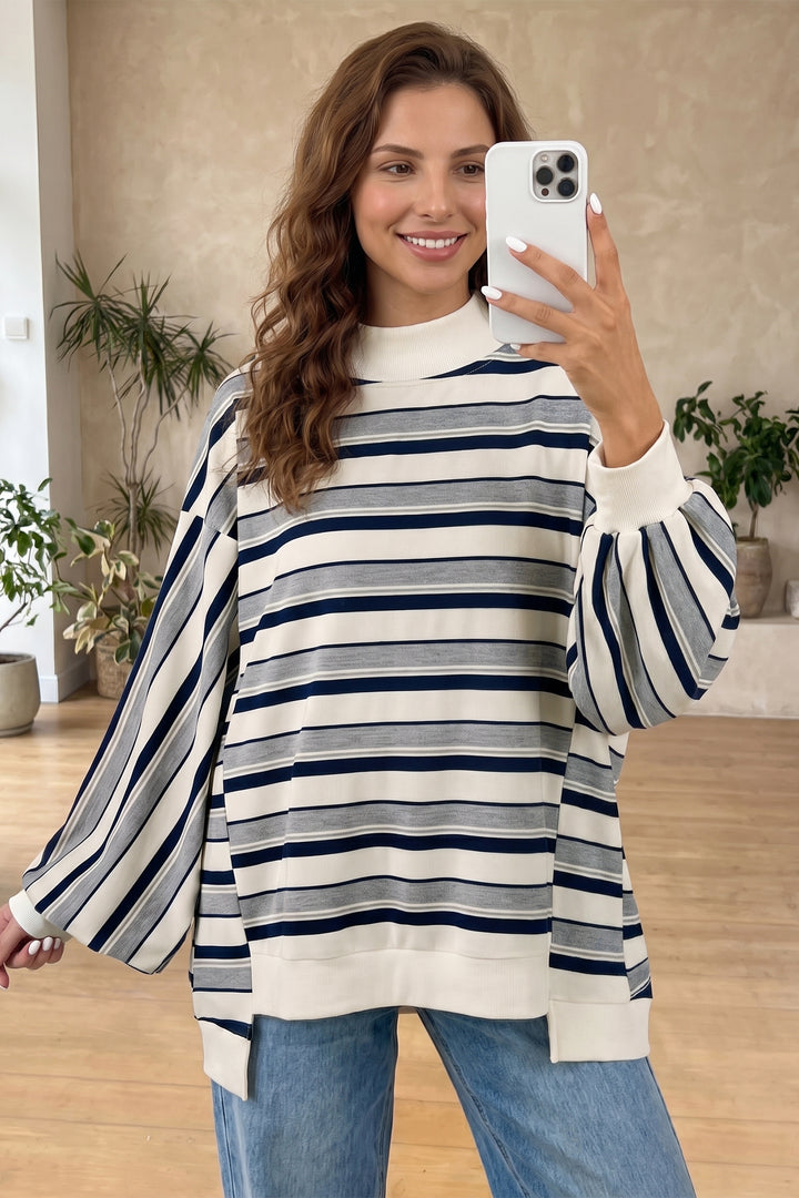Blue Stripe Striped Ribbed Stand Neck Long Sleeve Shift Silhouette Sweatshirt