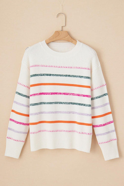 Striped Round Neck Dropped Shoulder Sweater