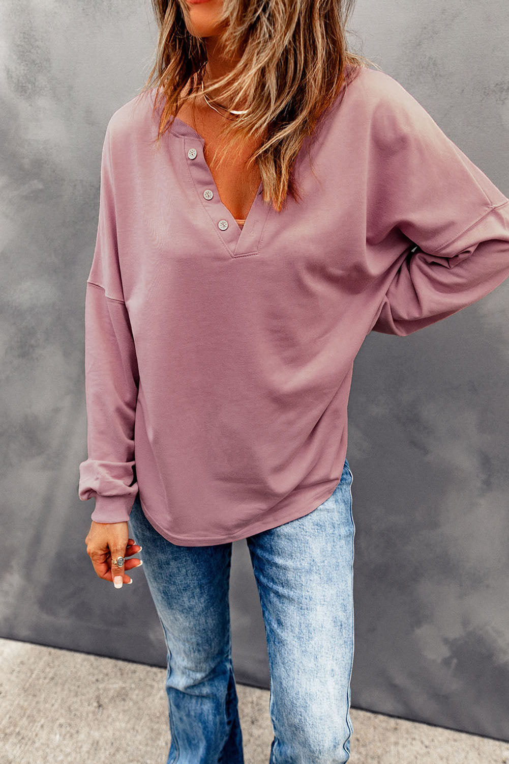 Pink Buttoned V Neck Cotton Loose Fit Top