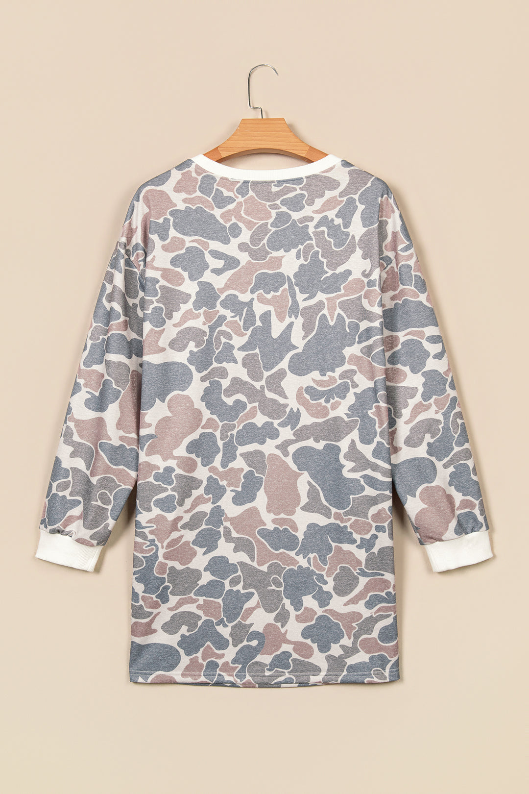 Beige Botanical Camo Print Long Sleeve Pocket Mini Dress