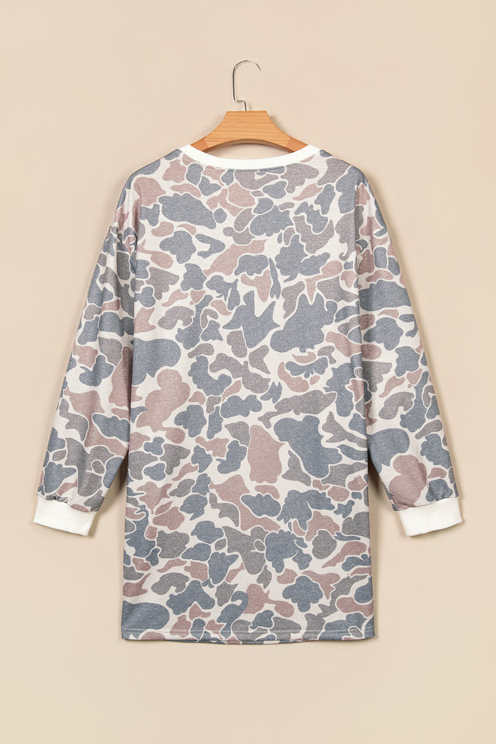 Beige Botanical Camo Print Long Sleeve Pocket Mini Dress