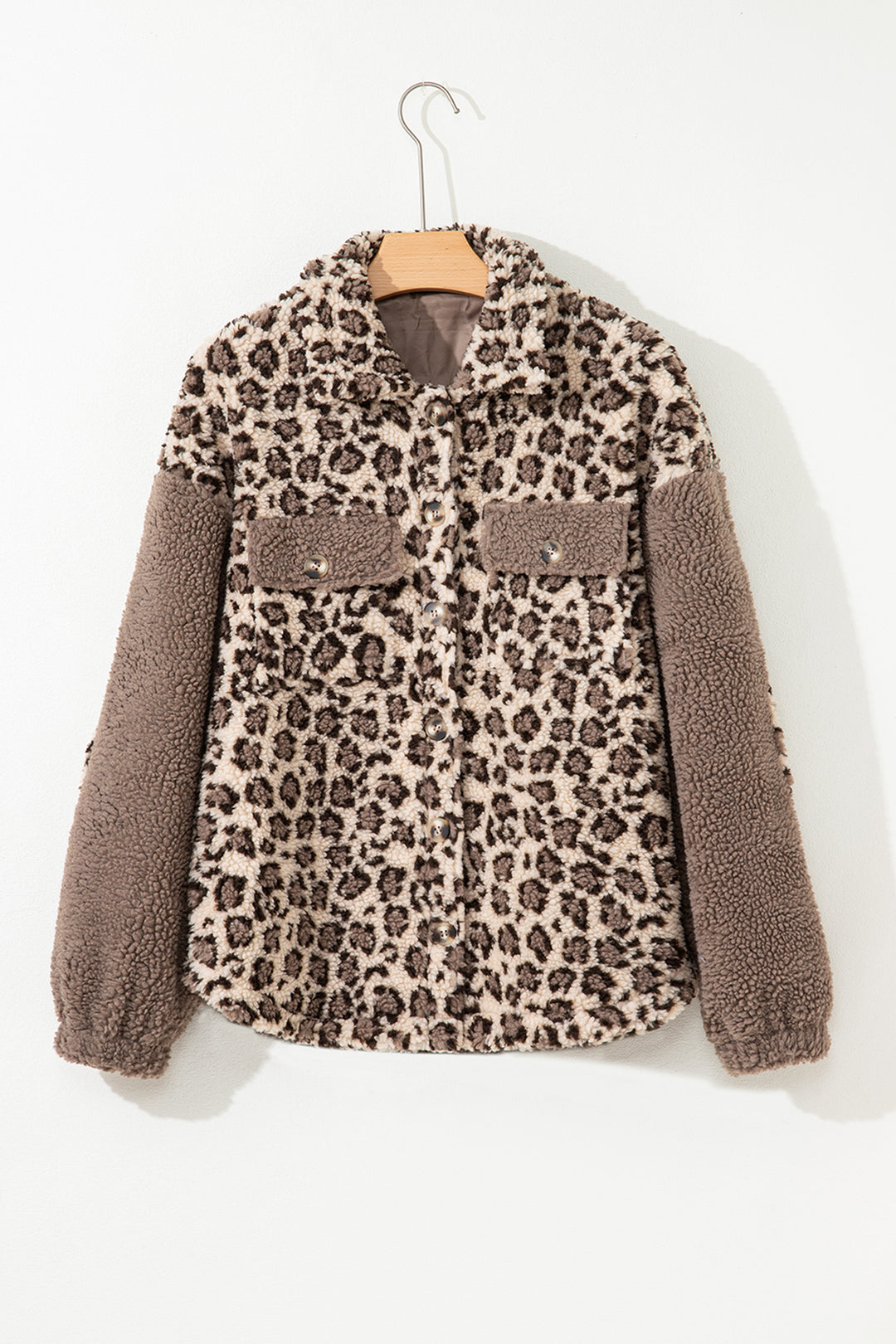 Brown Sherpa Leopard Print Flap Pocket Collared Button Up Jacket
