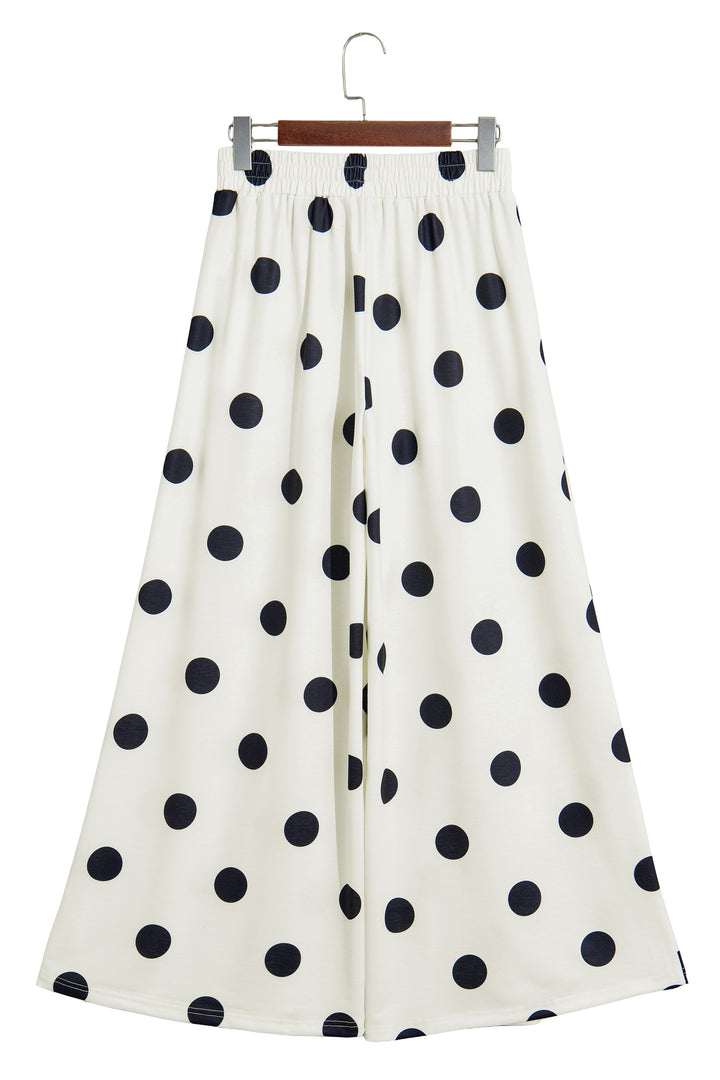 Beige Polka Dot Wide Leg Elastic Waist Casual Pants