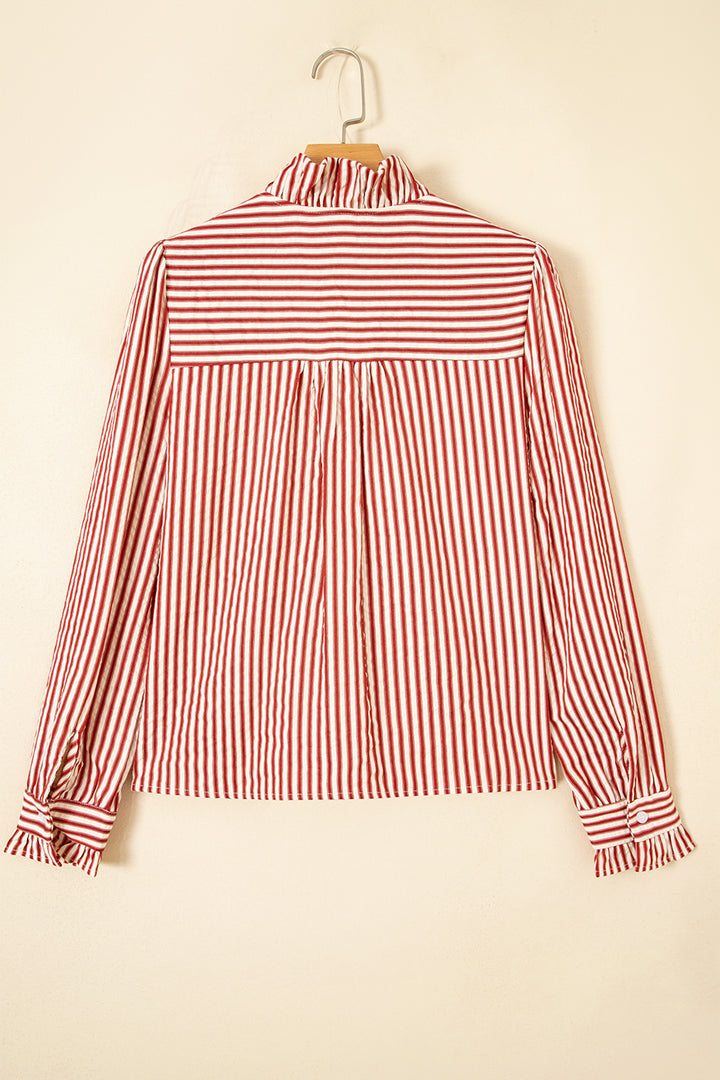 Red Stripe Textured Ruffle Trim Button-Up Long Sleeve Shirt