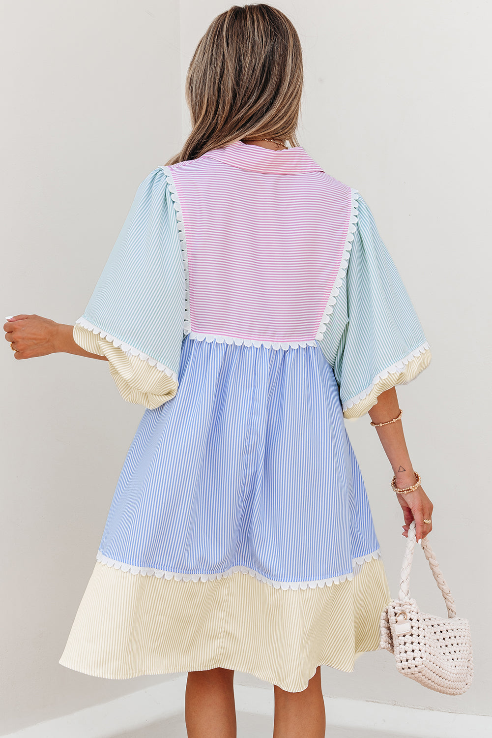 Joelle Striped Ric Rac Puff Sleeve Collared Mini Dress