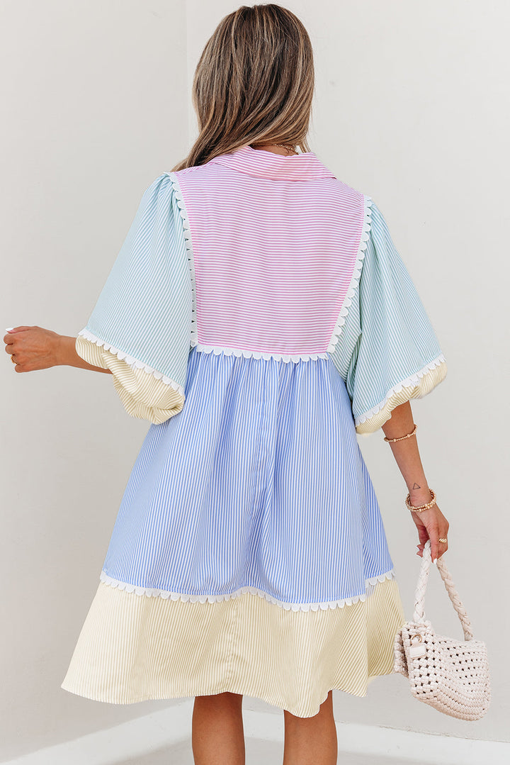 Joelle Striped Ric Rac Puff Sleeve Collared Mini Dress