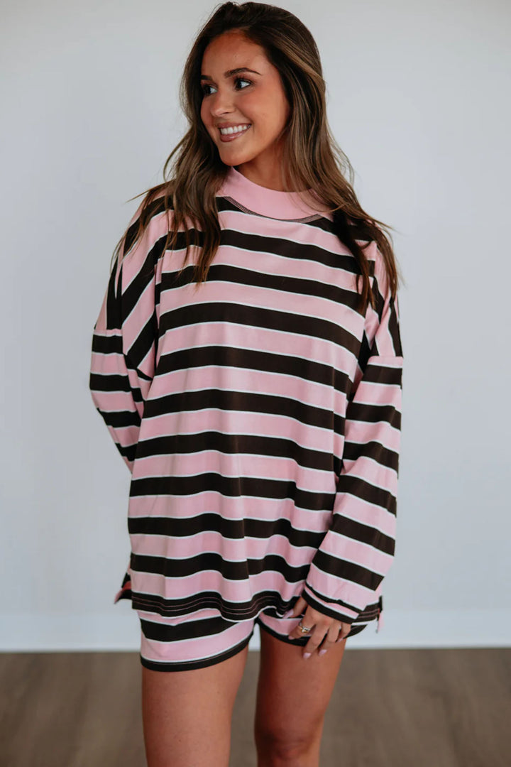 Pink Stripe Oversized Long Sleeve Top Elastic Waist Shorts Casual 2pcs Set