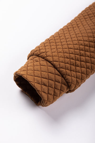 Brown Solid Color Quilted Puff Sleeve Pullover Sweatshirt