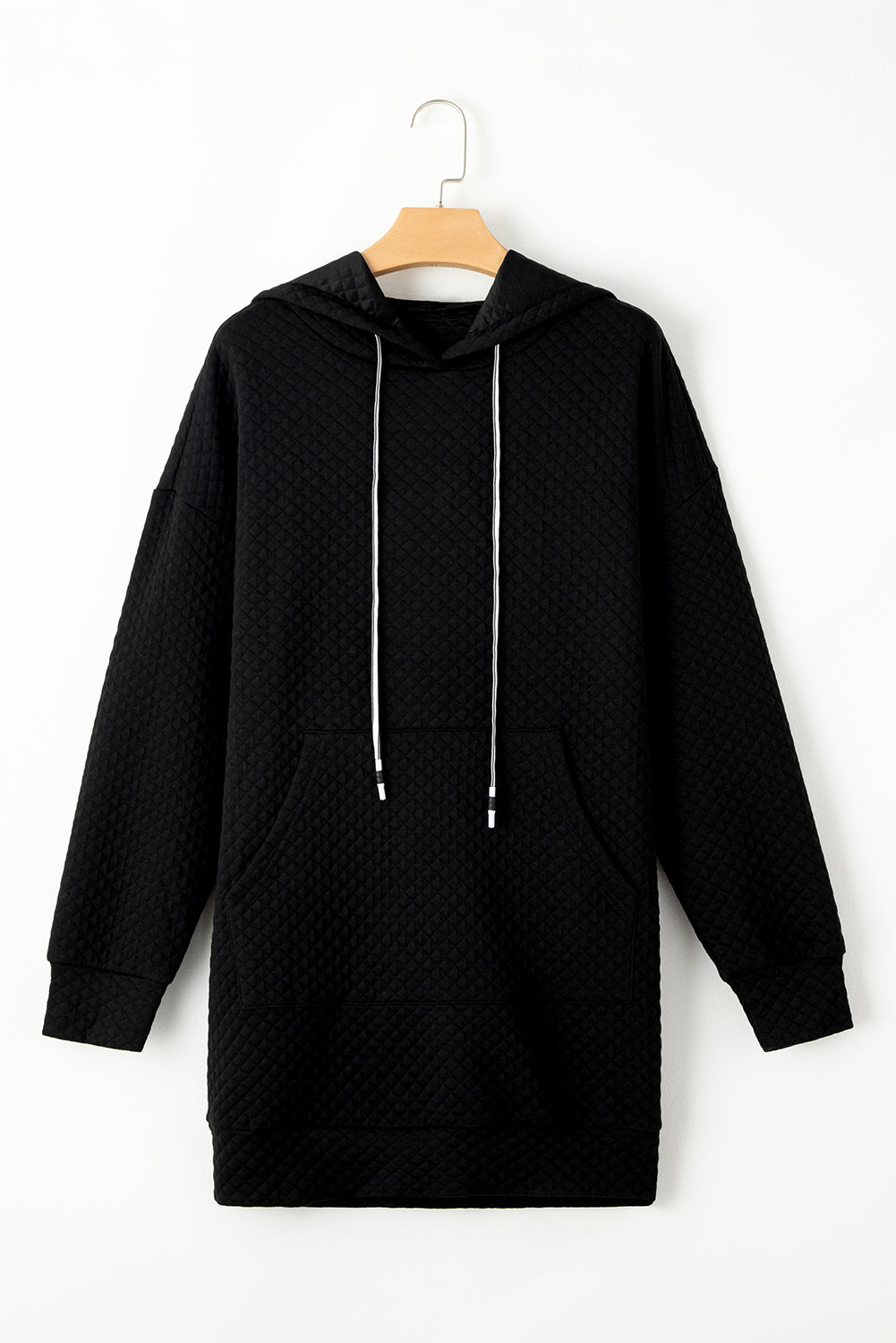 Black Drawstring Kangaroo Pocket Quilted Hooded Dress