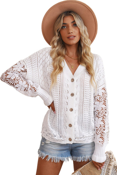 White Lace Crochet Hollow Out Knit Buttoned Sweater