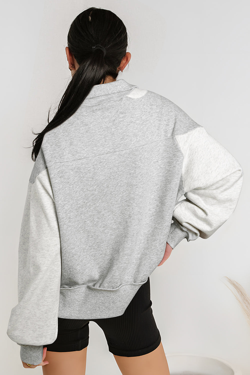 Gray Half Zipper Collared Drop Shoulder Side Slits Sweatshirt