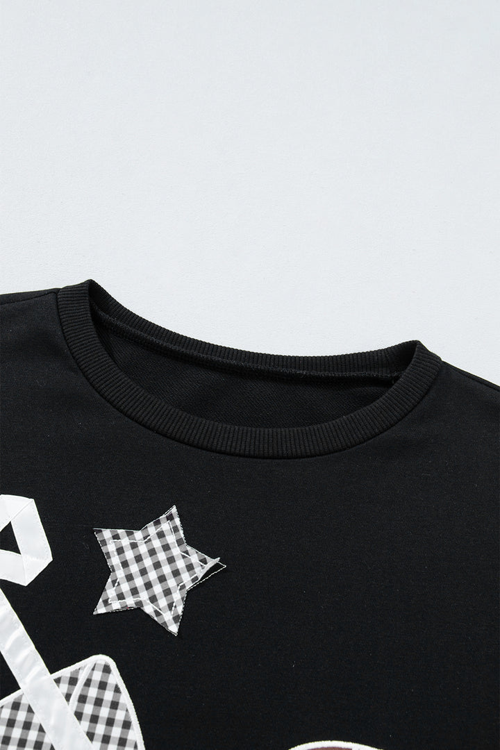 Black Gingham Patch Embroidered Rugby Game Day Stars Sweatshirt