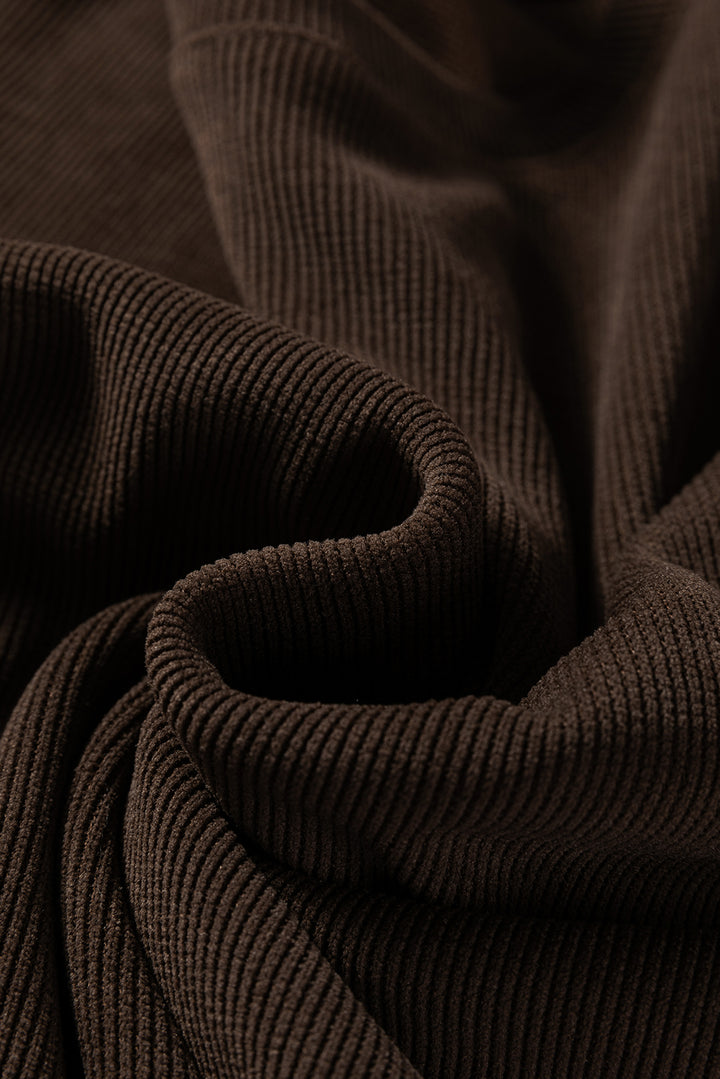 Dark Brown Solid Color Textured Knit Drop Shoulder Pullover Drawstring Shorts Set