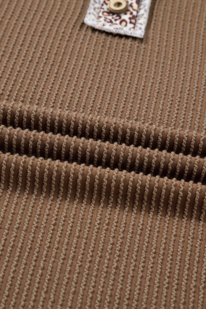 Dark Khaki Twisted Ribbed Leopard Lace Contrast Patchwork Long Sleeve Top