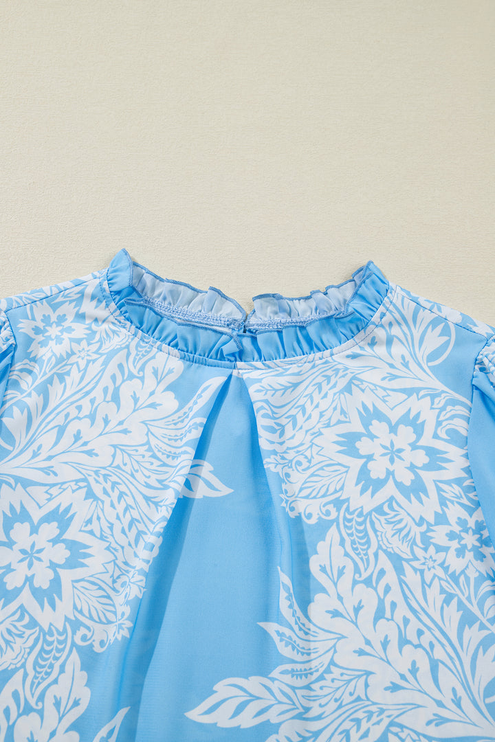 Sky Blue Ruffled Collar Puff Sleeve Flower Blouse