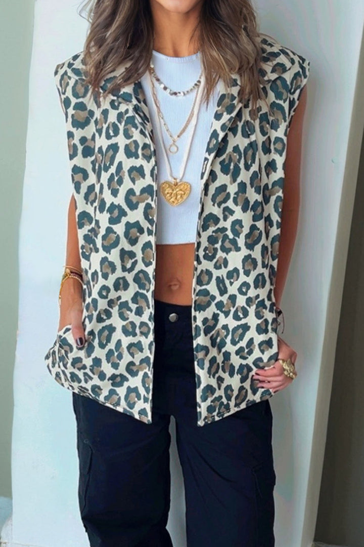 Brown Leopard Open Front Jacket Vest