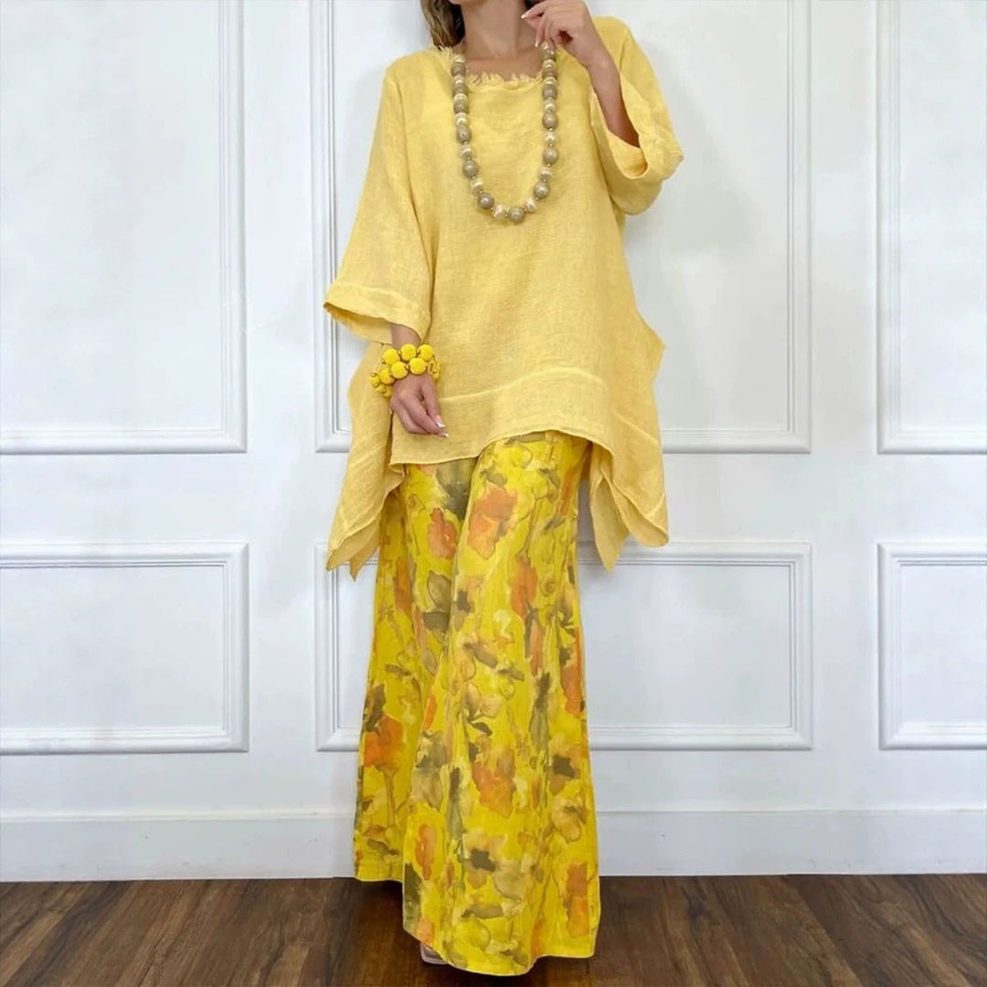Cotton-Linen Irregular Hem Drop-Shoulder Top &amp; Wide-Leg Pants Set | 3 Colors