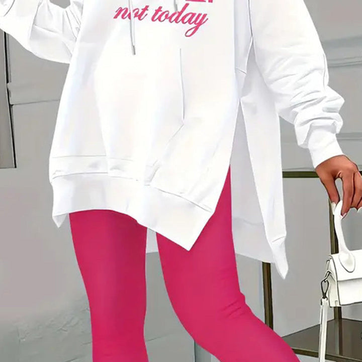 Casual 2-Piece Set Solid Color Leggings &amp; Letter Print Hooded Sweatshirt